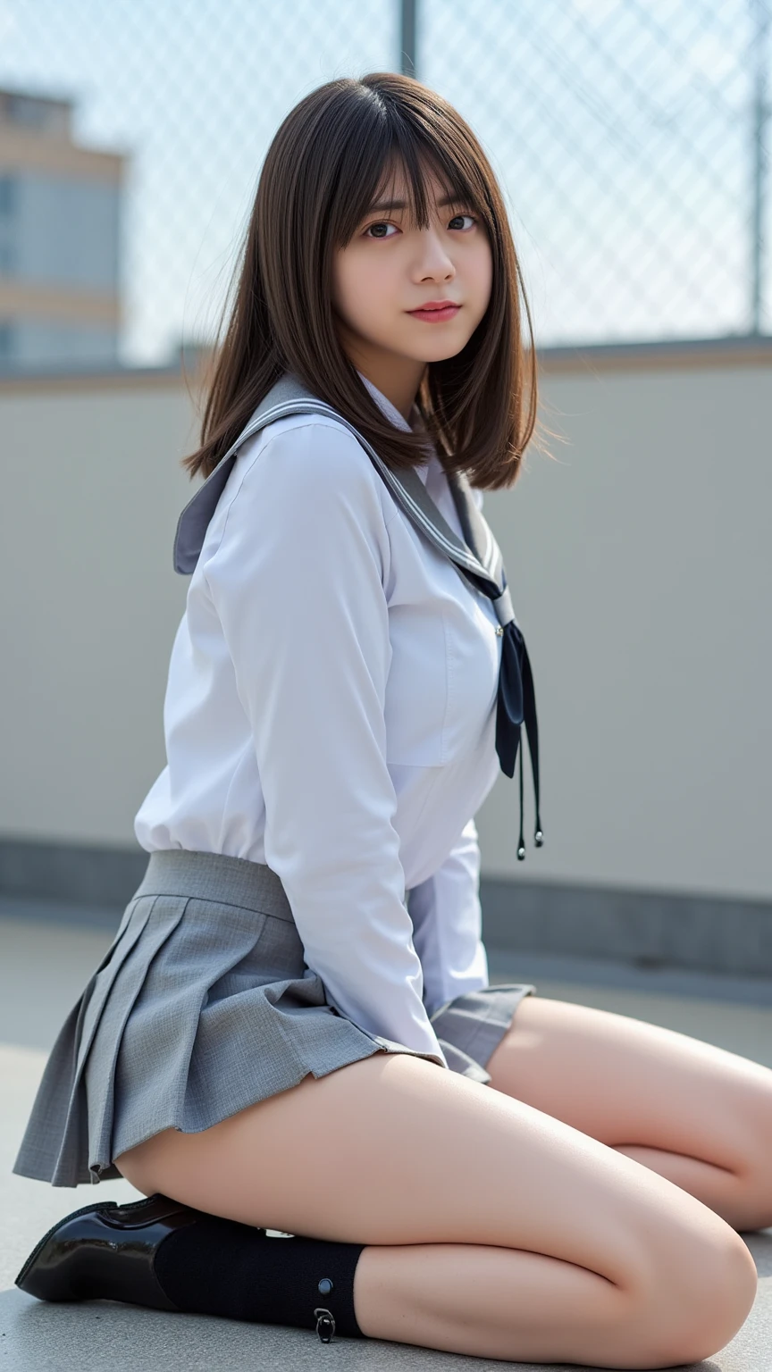 Top quality, high image, 1 woman, 18 years old, school stairs, navy jacket, Medium breasts,white blouse,(plaid miniskirt), cotton panties,upskirt,from below1.3、Smiling beautiful girl、17 years old、Crouched down, looking at me、チェック柄のプリーツスカート、お尻を落として座る