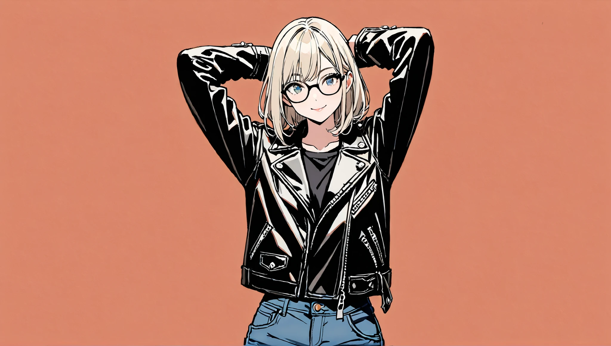 ((pale red monochromatic background))、((alone)),(()),、((Pose to make a circle with both arms above your head)),((),((Front View)),Smile,((Black semi-long hairstyle)),(((black rimmed glasses))),masterpiece, Highest quality, Beautiful attention to detail, Very detailed, In detail, High resolution, ((leather jacket、jeans))),Perfect Anatomy, , , Girl, (One person:1.5), alone, (), (),  Upper body diagram、
