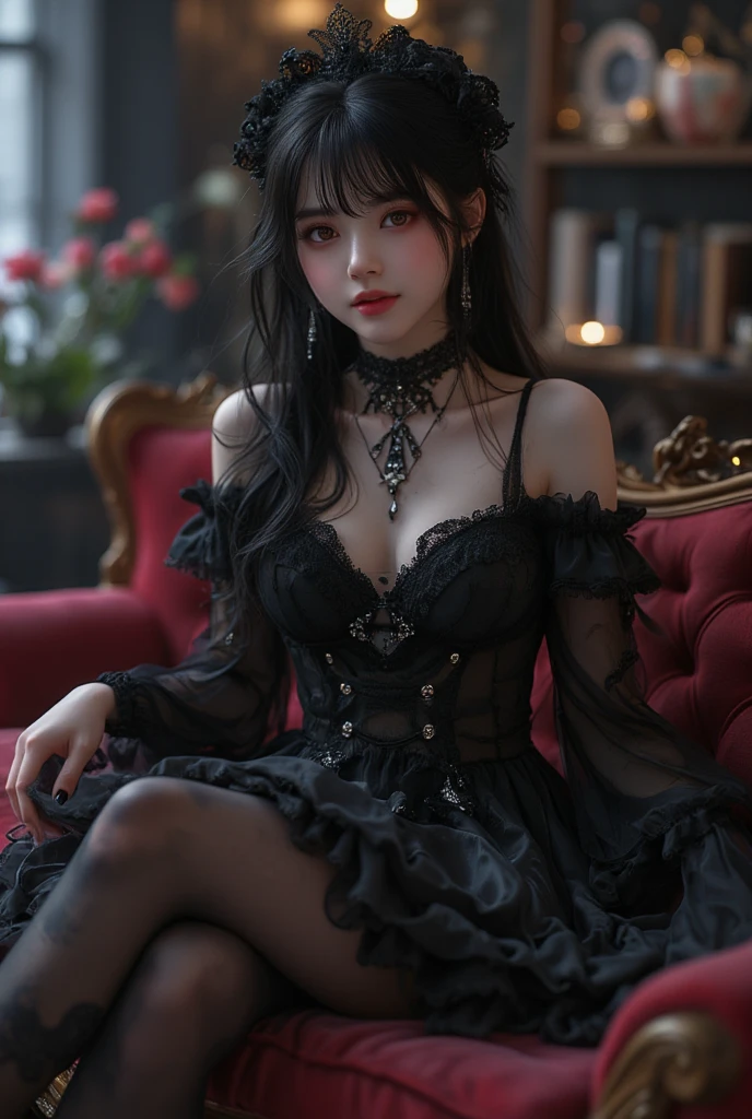 black dress, black gloves, pantyhose, fashi-girl, red lips, mature female, makeup, Big eyes, Pretty eyes, ((full body)), ((Random shooting angles)), (best quality, masterpiece:1.2), ultra-detailed, (realistic:1.37), beautiful, youthful, glamorous model with (detailed eyes, detailed lips, extremely detailed eyes), with white and floral colors, showcasing a radiant smile, creating a breathtaking depiction of a girl, Warm tones, extremely high color saturation, official art, extremely detailed CG unified 8k wallpaper,(High dynamic range :1.4), (cinematic),(soft colors, dull colors, soothing tones :1.3), (natural skin texture, ultra-realistic, soft light, sharp),(very detailed), Night, moonlight, In an antique pavilion, sit on a bench against the guardrail