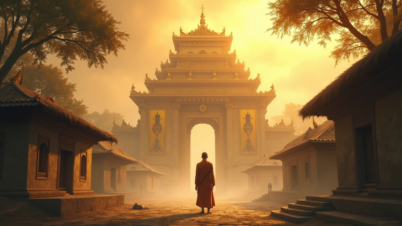Contrast scene: a golden royal palace fades into a poor village hut – monk stands between them.