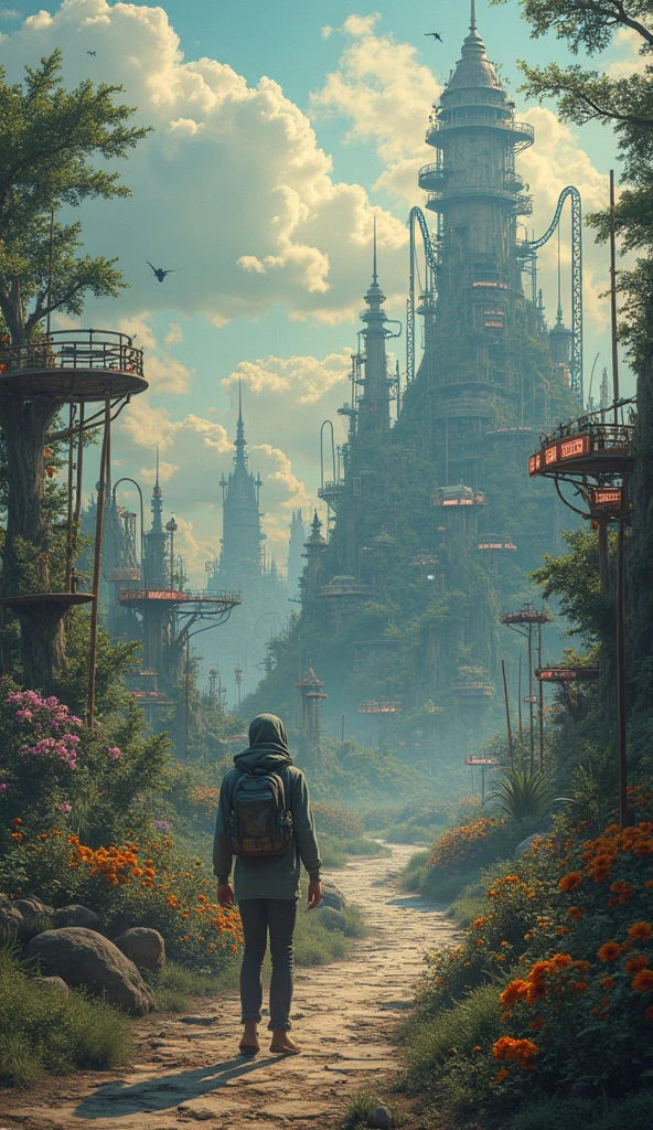 A surreal park where each ride represents a memory: a broken swing labeled “first love”, a roller coaster called “regret”, a mirror maze “hood