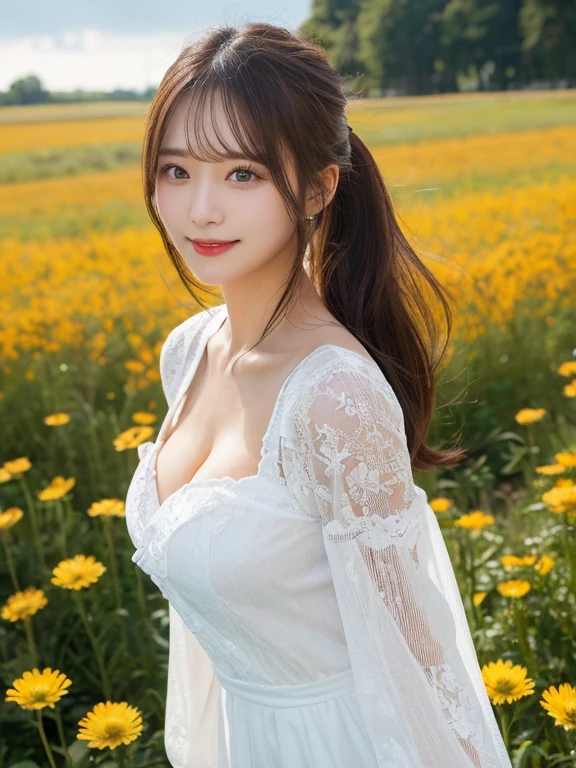 A beautiful Japanese shy girl, age 20 years old, light honey long hair, brown eyes, shiny lip, shiny hair and shiny body, wearing shiny white babydoll dress, in Vast flower fields, light shine in, ecstatic expression, Photo with blurred background, leaning forward
