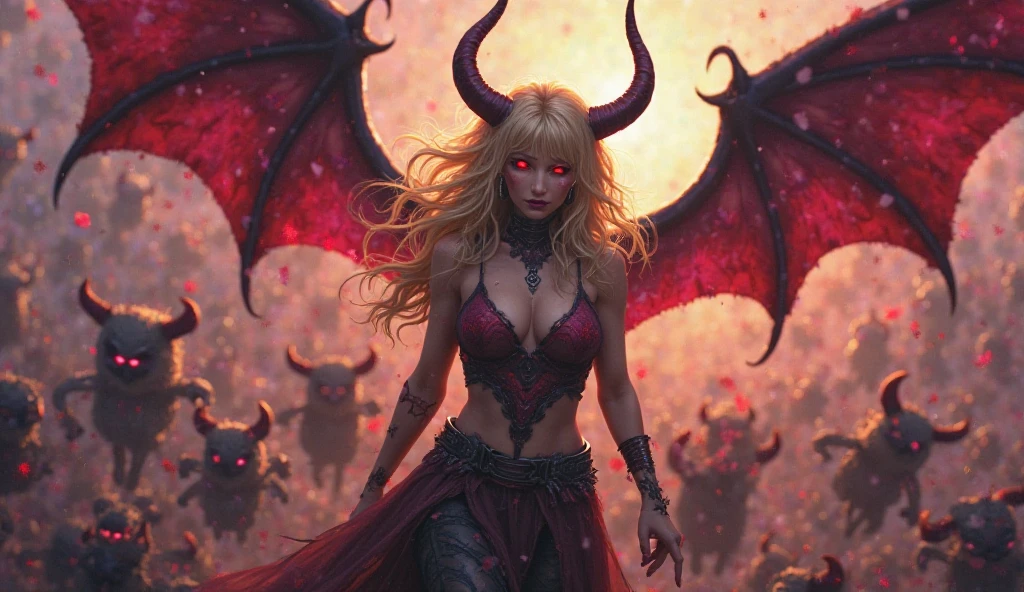 Enchanting female demon with obsidian black wings and fiery red hair, wearing a tattered, yet seductive outfit that seems to burn at the edges, her gaze intense and magnetic, set against a backdrop of a fiery abyss, with flames and smoke rising around her.