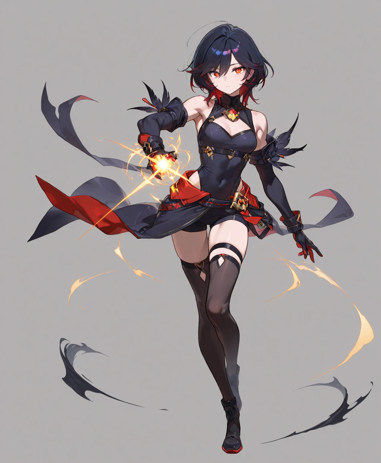 One girl girl, light white skin, sharp purple eyes, black short hair, red mini Kunoichi costume is short in length, sleeveless band is yellow, black fishnet tights and black socks,