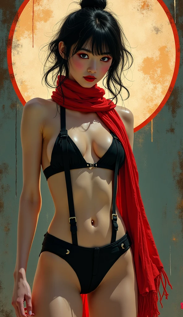 full view,Japanese goddess of the moon sulphurous posture against a modern black bikini  ..nylon and suspenders red scarf...,,,,antique wall decor  ... Oil paint 