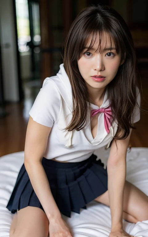 Heart Pattern Nylon Panties、独奏、‎Classroom、A smile、(Sit up:1.5)、In the school、beutiful breast、Fine and beautiful eyes、)、(Dark blonde hair:1)、(short-hair:1.1)、pantyshot, Spread your legs apart, a miniskirt, student clothes, Nylon Panties, sockes, A dark-haired, The shirt, bblurry, blurry backround, knee high, white  shirt, lowfers, life-like, length hair, s lips, Brown-eyed, Black socks, neck tie, pleatedskirt, the bow, Brown Footwear, ​masterpiece, top-quality, ultra-detailliert、(((pantyshot)))、(((Spread your legs apart)))、embarrassed