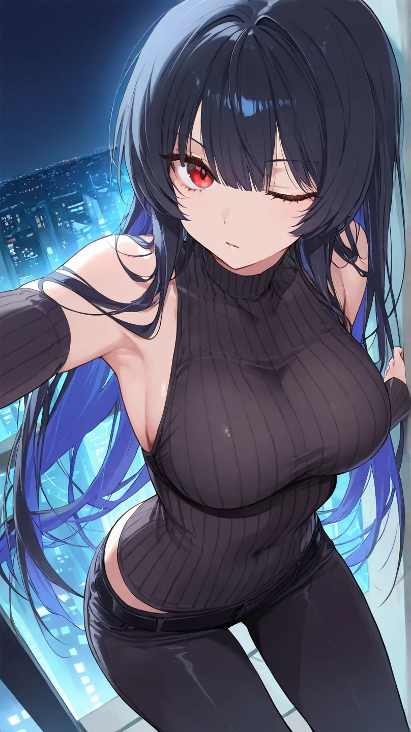 masterpiece, Highest quality, Very detailed, Facing the camera, 複雑に詳細なSuper detailed, Realistic, Sharp features, Very detailed, Sharp focus, Perfect Face, Perfect Face, Perfect symmetrical perfect eyes, Perfect Plump Lips, Flexible female form, Cinematic, Film Light, Super detailed, hyper Realistic, masterpiece, Atmospheric, High resolution, Vibrant, Dynamic Studio Lighting, ((Dark Background)), The expression when receiving pleasure, Straight bangs, blue eyes,Black sweater, Cowboy Shot, Big Breasts,