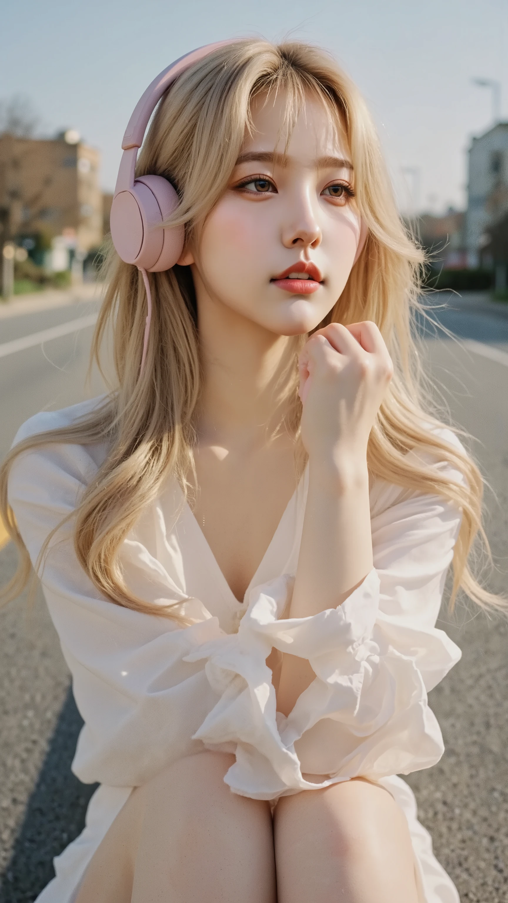 A brightly skinned, big-breasted Korean woman in her 20s, Blonde, Unique hair style, Singing a Song, street, cute outfit, 4k,ultrahd,Superb Details,realistic,expert level,vivid color,Bokeh Effect,Gorgeous Stage Lighting,attractive expression,Active posture,Fresh Atmosphere,Sensual Streetscapes,Trendy Outfits,Attractive Poses