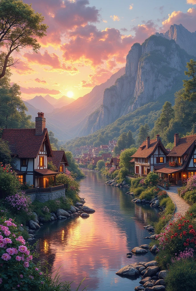 a small village by the river, mountains in the background, floral flowers colorful, detailed landscape, Beautiful natural landscapes, atmospheric lighting, scorching sunset, warm colours, practical, photopractical, Detailed Foliage, complex buildings, cobblestone street, Charming country house, swirly vibrant colors, lush vegetation, Still water reflections, Picturesque, idyllic, work of art, best qualityer, 8k, extremely detaild,anime styling