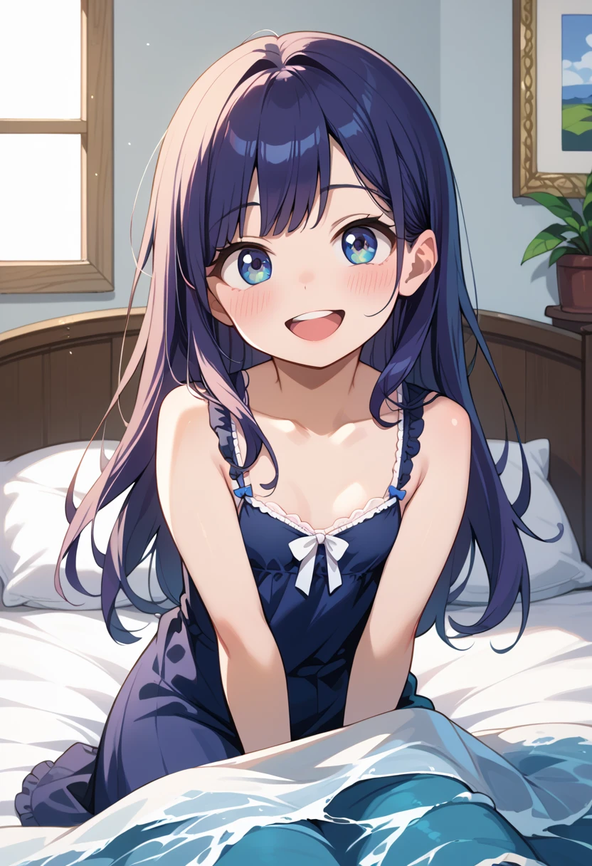 ((top quality)), ((masterpiece)), (be familiar with), perfect face, indoor, bedroom, watching viewers,
One woman, wave torsion,
open mouth, ecstatic expression, blush, smile,
small , flat chest, Young girl, lori, ren, girl,
long hair, long hair,
opening,