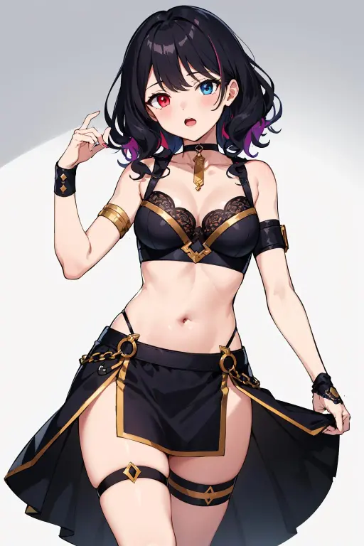 Masterpiece, best quality, 1girl, heterochromia, multicolored eyes, black hair, medium hair, curly hair, unique clothes, (uniform:0.7), shirt, skirt, medium breasts, intricate clothes, thighlet, armlet, choker,