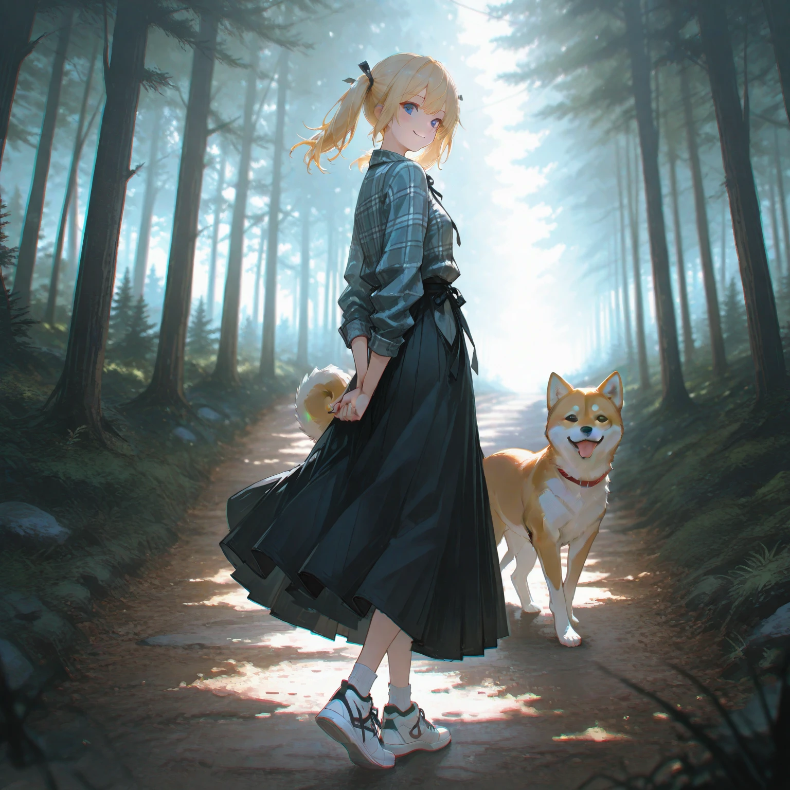 Visualize a girl with blonde twintails and blue eyes, wearing a plaid shirt with long sleeves, a long skirt, socks, and sneakers. She has a black ribbon in her hair and a smile on her face, with her arms behind her back. The setting is a tranquil forest path, with a shiba inu accompanying her. Capture this scene from a side view as she walks towards the viewer. Incorporate cinematic lighting, chromatic aberration, and depth of field to create a masterpiece with ultra-detailed, UHD, 8K quality.