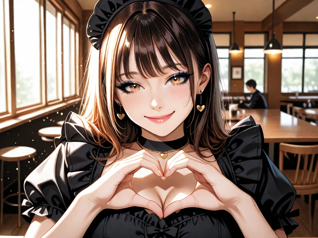 (best quality,4k,8k,highres,masterpiece:1.2), ultra-detailed, (realistic,photorealistic, photo-realistic:1.37), full body shot, shot from above, viewer pov, mature woman, nervous expression, blushing, wearing casual black top, pink pleated skirt, standing up, behind a table ,beautiful red eyes, detailed eyes, (Detailed eyes and skin), (detailed facial features), short red hair,(Large breasts:1.3),(cleavage:1.3),(Off-the-shoulder attire:1.6), perfect anatomy, beautiful figure, Natural cheeks, short red hair, nervous eyes, flowing hair, Glossy skin, valentines day date, standing up, in starbucks, table before character,standing, behind table looking down, nervous blushing, holding a big chocolate box, holding chocolate box with both hands, heart shaped chocolate box, pointing box at viewer, inside starbucks, counter in background ,midday setting, cozy atmosphere , simple backgroumd, warm and inviting, elegant posture, cheerful atmosphere, small round table, cute maid cafe, cute colours, from the top