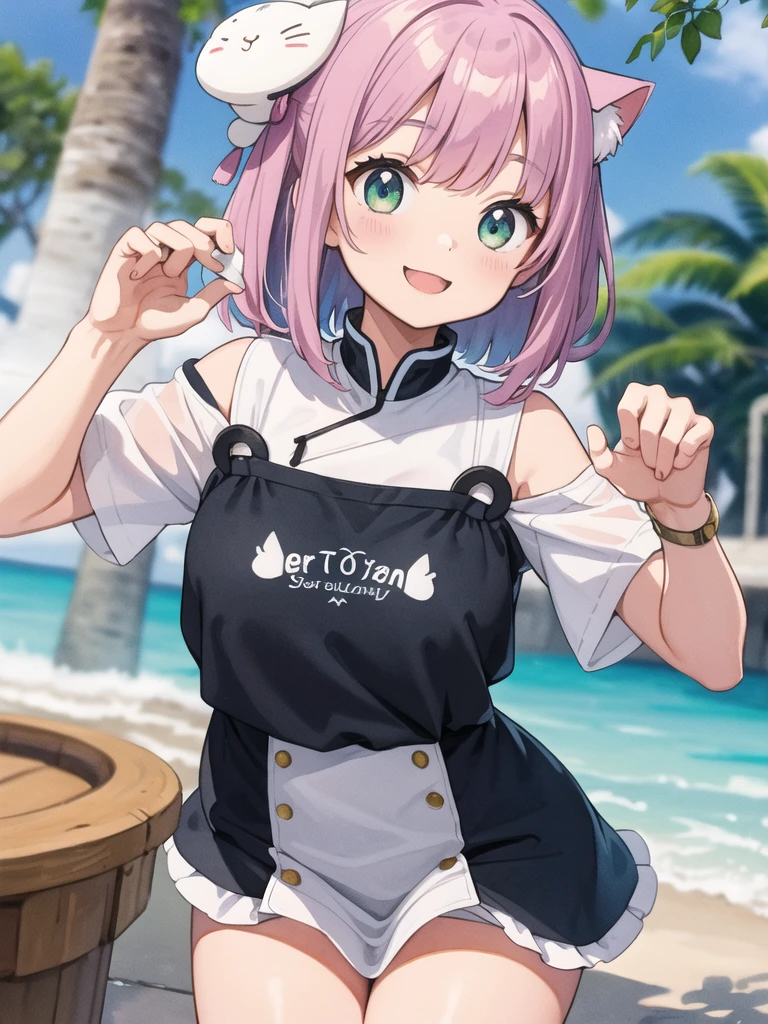 pink hair, short twintails, hair bobbles, star hair ornament, asymmetrical bangs, short hair, pink-framed eyewear, purple eyes,, (wearing nothing:2),cooking, empty eyes, ICE CREAM, large breasts, solo, pool, sea, , blue sky, , nipple