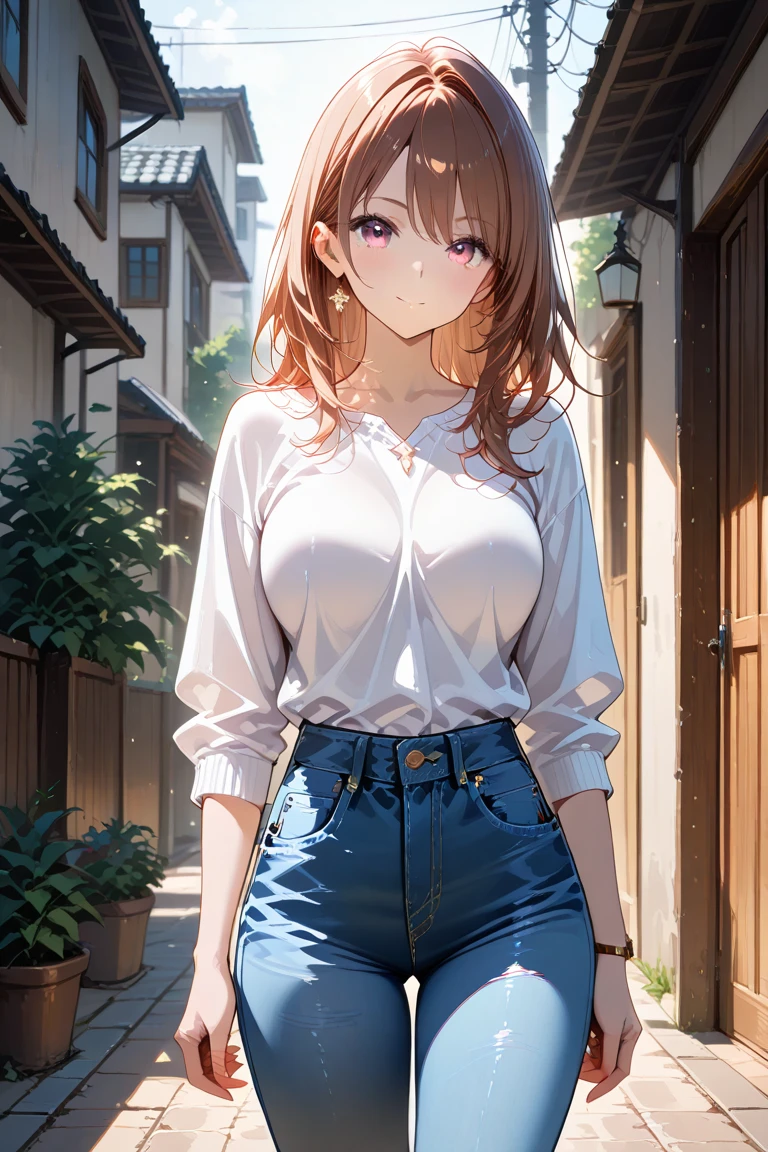 ((alone)), city, street, ((white shirt)), wet shirt, blush, Shoulder bag, 1 girl, hairpin, huge breasts, denim shorts, ((long slender legs)), ((thin waist)), thick thighs, cowboy shot, Close your legs, embarrassing, Beautiful woman, adult women, sexy