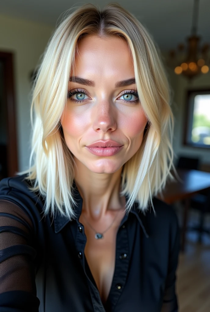 A (MASTERPIECE, BEST QUALITY:1.2), 8K,, full-body image of female Laurence bedard (Age 28) dressed in blouse. Extras: stunningly-beautiful. She has blue eyes and french-twist hair style. And is in a hotel-room. And posing for a sex scene , looking horny, sexy, erect nipples