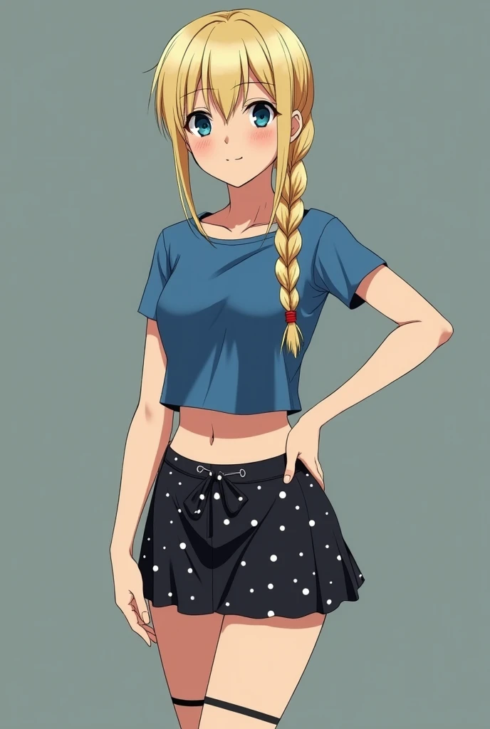 maria renard, 1girl, solo,cowboy shot, blonde hair,green eyes,long hair, low ponytail,red t-shirt, (black pleated skirt), walking on a street , smile,medium breasts,arms at sides, arm at side,looking at viewer,heart, (best quality, masterpiece)<lora:maria_renard_v1_1:1>