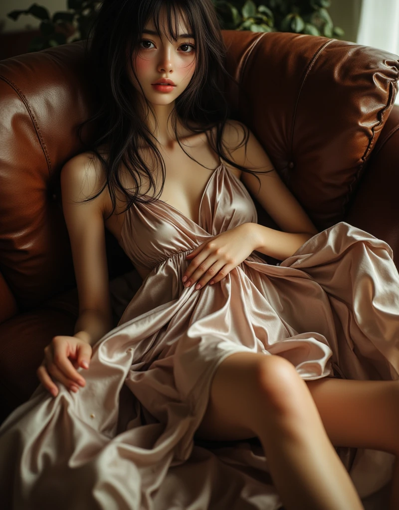 masterpiece、8K、32K、highest quality、(Detailed both eyes)、(cute japanese woman、bangs:1.3)、23 years old、1 girl、elegant、(black hair:1.1)、(Ilford HP5、80mm:1.4)、(huge breast cleavage:1.2)、(yellow green)、(night:1.1)、Sexy Gravure、sit