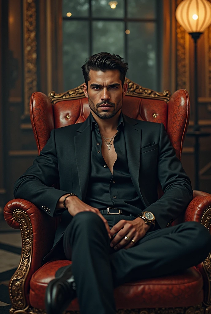 33 year old man with black hair, green eyes, clear skin, well-built, beautiful, captivating, but intimidating and dangerous, marked features, square jaw, with some tattoos on his neck dressed in a black suit. The man is leaning back in an imposing black chair, like the king of an organization and at the desk, There are weapons, money and alcohol.