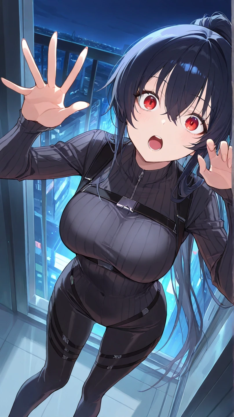 masterpiece, highest quality, 1 girl, looking at the viewer, blue eyes, closed mouth, (Urgent 1:0.7) ,black hair、(masterpiece),(highest quality:1.0), (ultra high resolution:1.0), Detail view, 8K, anime, masterpiece、provocative look　very big breasts　Fair skin　very fine eyes　show off your chest、,swaying chest, upper thigh、highest qualityの詳細な目,Tight-fitting clothes that highlight her perfect body ,A torn body suit grazes my chest, crush and transform、Beautiful shining nipples、Sunny steppe、M-shaped spread legs