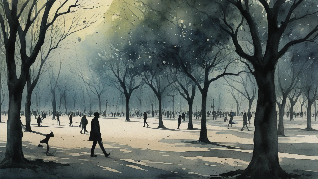 A person walking through a crowded park, but all their focus is directed inward, creating a feeling of isolation despite the crowd.surrealist art style combined with smudged watercolor paint. The scene is a bit dark.