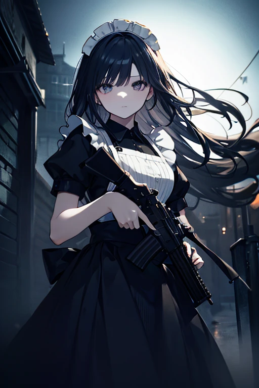 1girl in, Black hair, Long hair, gun, Blue eyes, (((bloods))), (((Cover with blood)))