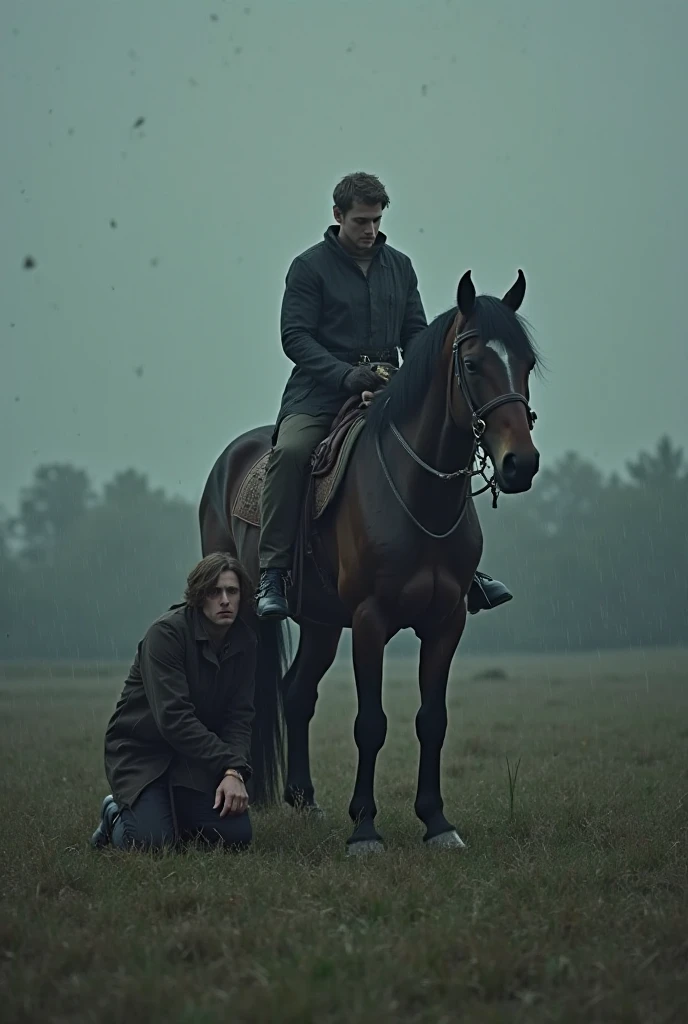 Desperate father**
- **scene:** Father looks anxiously over his shoulder, Child sees the nearby Erlkönig - **elements:** Father hugs child protectively, Horse races on, dark forest - **Mood:** panic, helplessness, increasing threat - **text:** “My son, it is a streak of fog.“