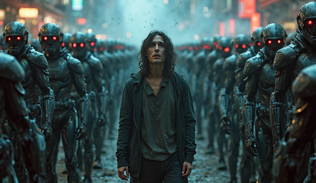 
"A dramatic and intense sci-fi scene featuring a terrified human (mid-30s, disheveled clothing, wide-eyed with fear) standing in the center, surrounded by 100 menacing, futuristic robots. The robots are sleek, metallic, and heavily armed, with glowing red or blue eyes, exuding aggression. Their poses are threatening—some with raised weapons, others with clenched fists, forming a tight semicircle around the human. The setting is a dystopian city at night, with neon lights reflecting off the robots' armor, smoke and debris in the air, and a sense of impending doom. The composition emphasizes the human's vulnerability against the overwhelming robotic force. Hyper-detailed, cinematic lighting, cyberpunk aesthetic."

