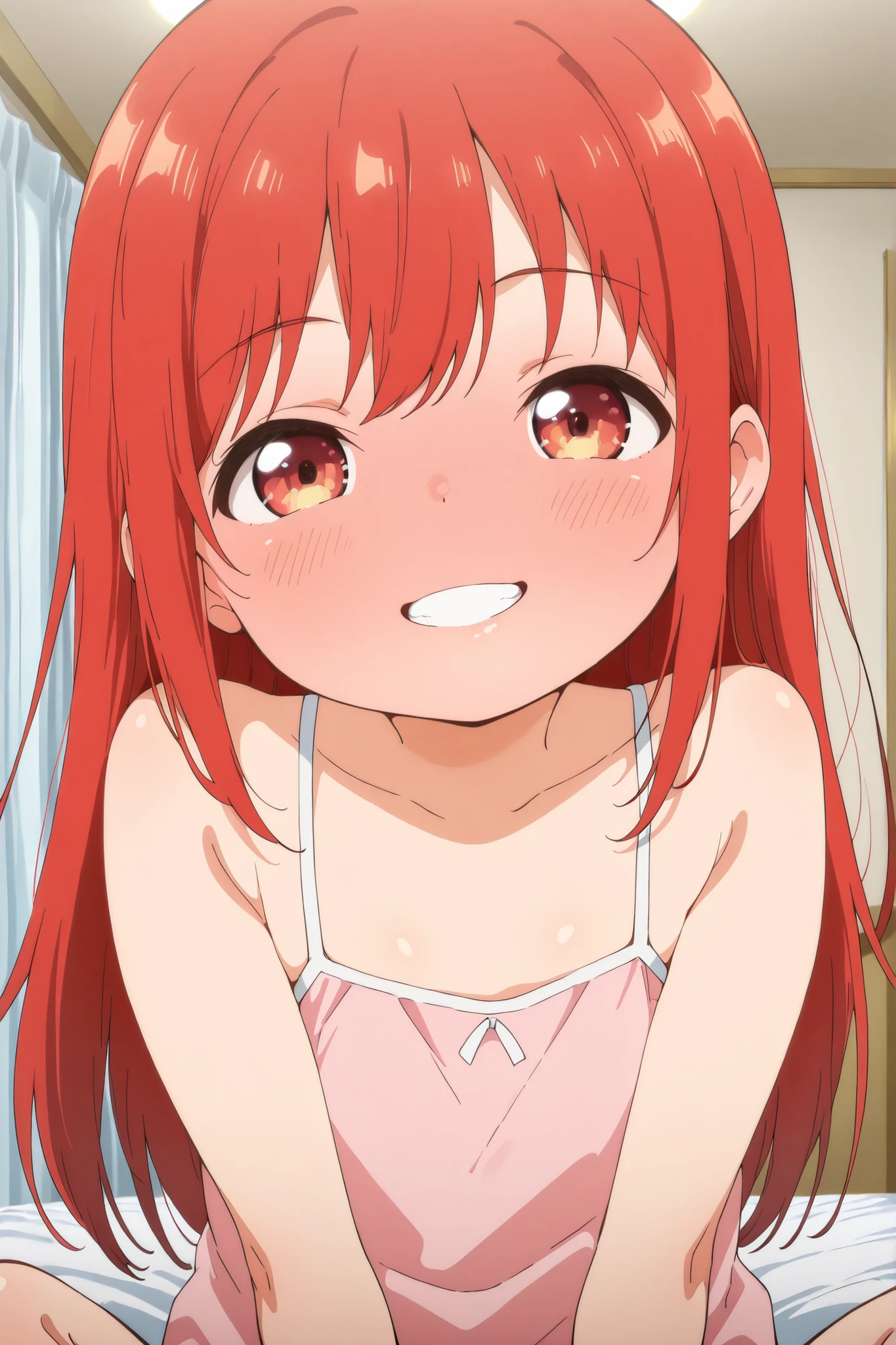 (close up of face:1.5),upper body shot,1 girl,solo,red hair,long hair straight hair,grin,smile,nsfw, pink camisole,blush,red eyes,full face blush,,open mouth,sitting on the bed,curtain room,looking at viewer,toddler body ,v sign
