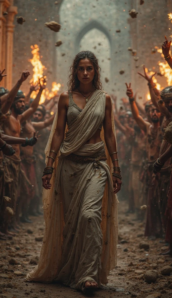 Olympias, the mother of Alexander the Great, stands in the center of a chaotic scene, her regal robes now stained and torn. The once powerful and cold expression on her face is replaced with one of defiance and fear as she is surrounded by a furious mob. The families of her many victims, armed with stones, advance toward her, their faces twisted with rage and vengeance. Olympias’ eyes are wide, but she stands tall, trying to retain her composure despite the overwhelming situation. The mob is relentless, hurling stones at her from all directions. The atmosphere is tense, filled with anger and retribution. The background is a chaotic blur of stone walls, flickering torchlight, and the sounds of the mob’s fury, as Olympias faces the final consequence of her ruthless actions.