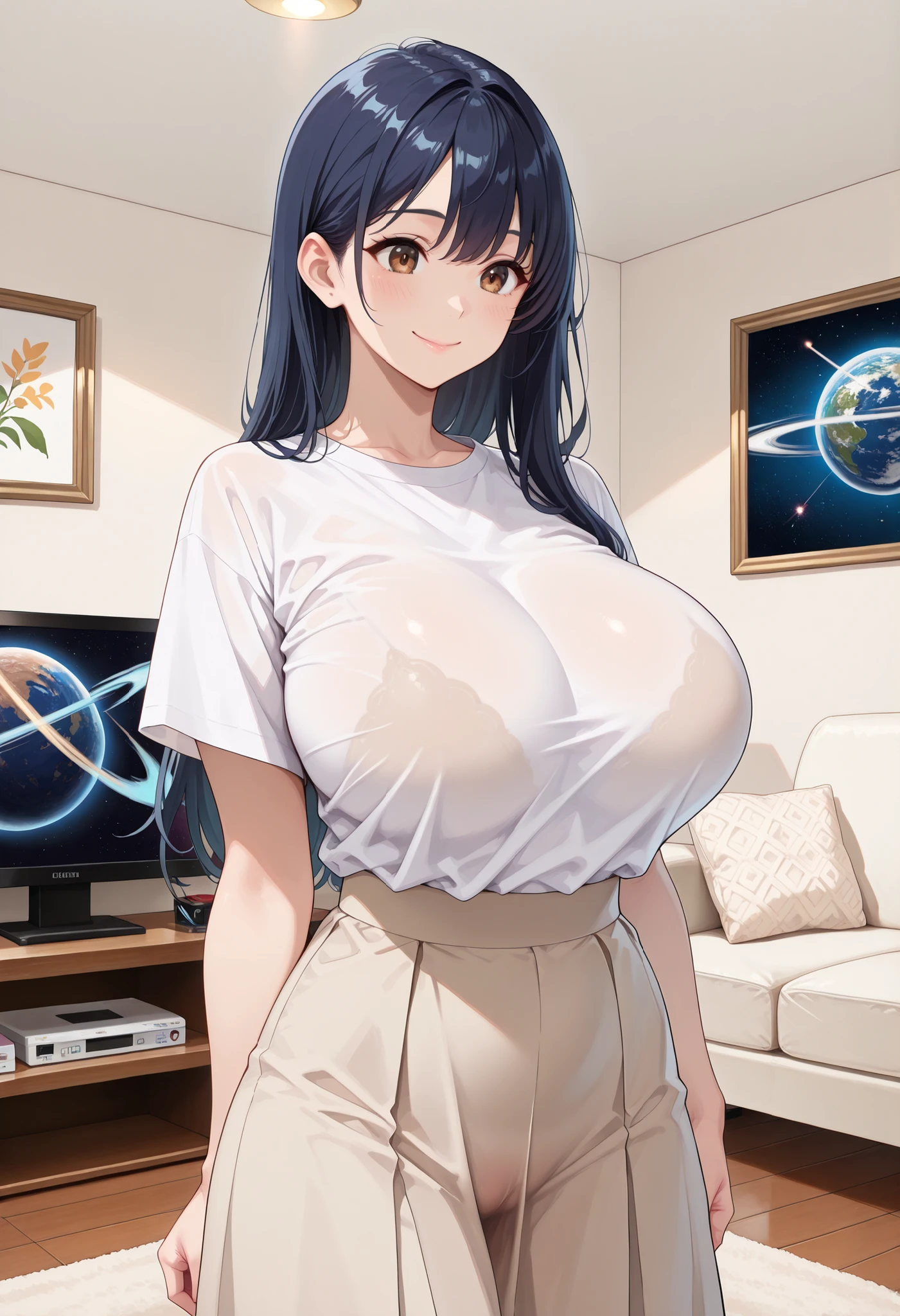 (Masterpieces, best quality, details, absurd:1.2), Japanese woman, ( long dark blue hair), beautiful character design, perfect face, beautiful eyes with attention to detail, brown eyes in the oral vagina, (smile), T-SHIRT, skirt, (垂れた huge breasts), thin waist, is standing, ( in the living room), orbital space