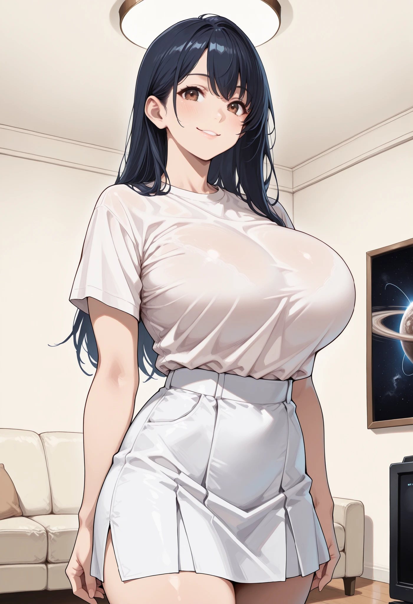 (Masterpieces, best quality, details, absurd:1.2), Japanese woman, ( long dark blue hair), beautiful character design, perfect face, beautiful eyes with attention to detail, brown eyes in the oral vagina, (smile), T-SHIRT, skirt, (垂れた huge breasts), thin waist, is standing, ( in the living room), orbital space
