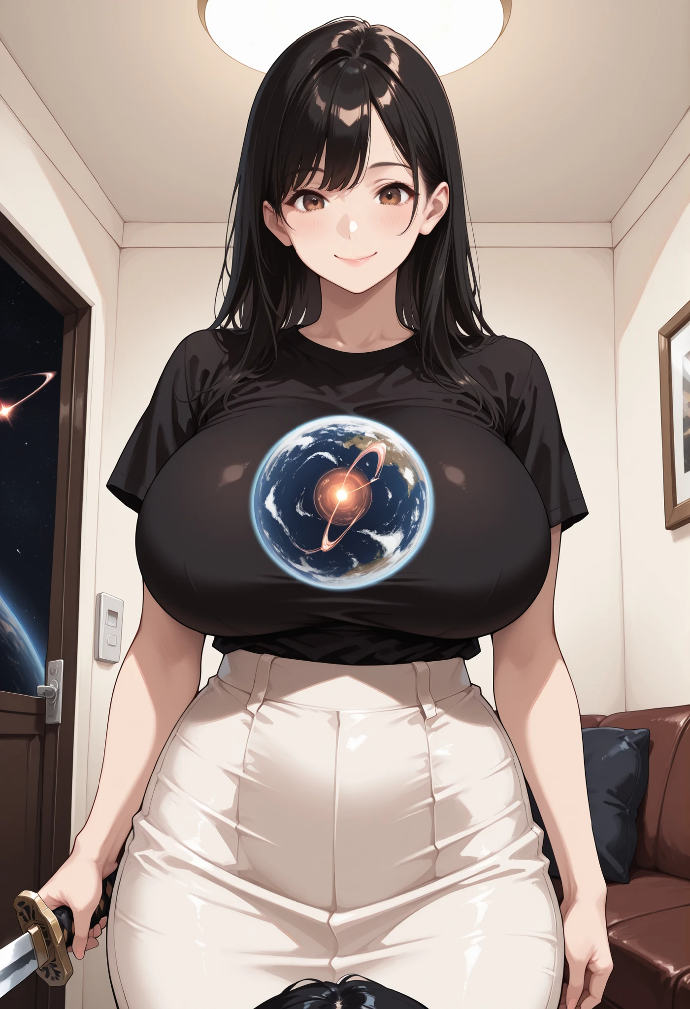 (Masterpieces, best quality, details, absurd:1.2), Japanese woman, (A girl, 1 girl : 1.3), solo, solo focus, ( long black hair with a sword), beautiful character design, perfect face, beautiful eyes with attention to detail, brown eyes in the oral vagina, (smile), T-SHIRT, skirt, (垂れた huge breasts), thin waist, is standing, ( in the living room), orbital space