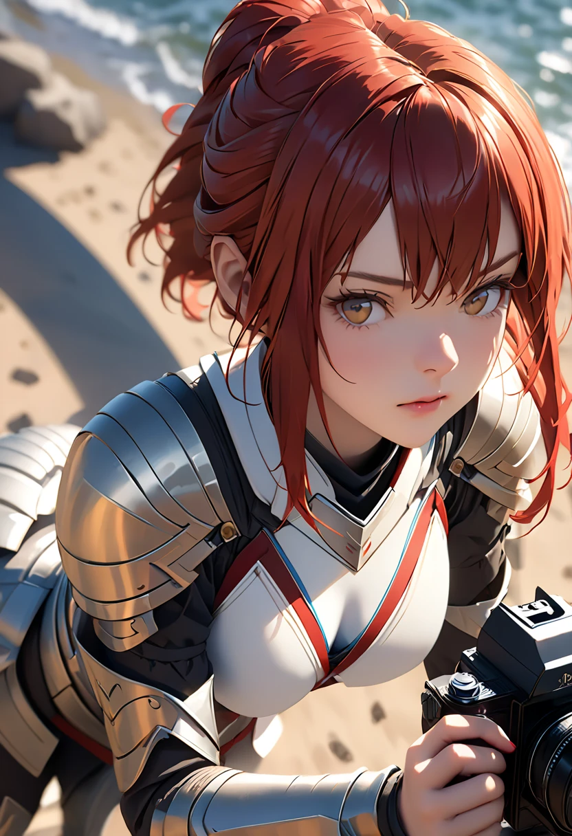 Female 1, In the mouth, armor, red hair, battle pose, Photorealistic, Hyperrealistic, super detailed,  analog style , Bent over,  discreet ,  Low Cut , 詳細な肌, Matte Skin, soft writing, subsurface scattering, realistic, Deep Shadow, masterpiece, top quality, ultra realistic, 8k,  golden ratio, complicated, High detail, film camera, soft focus, blurry background