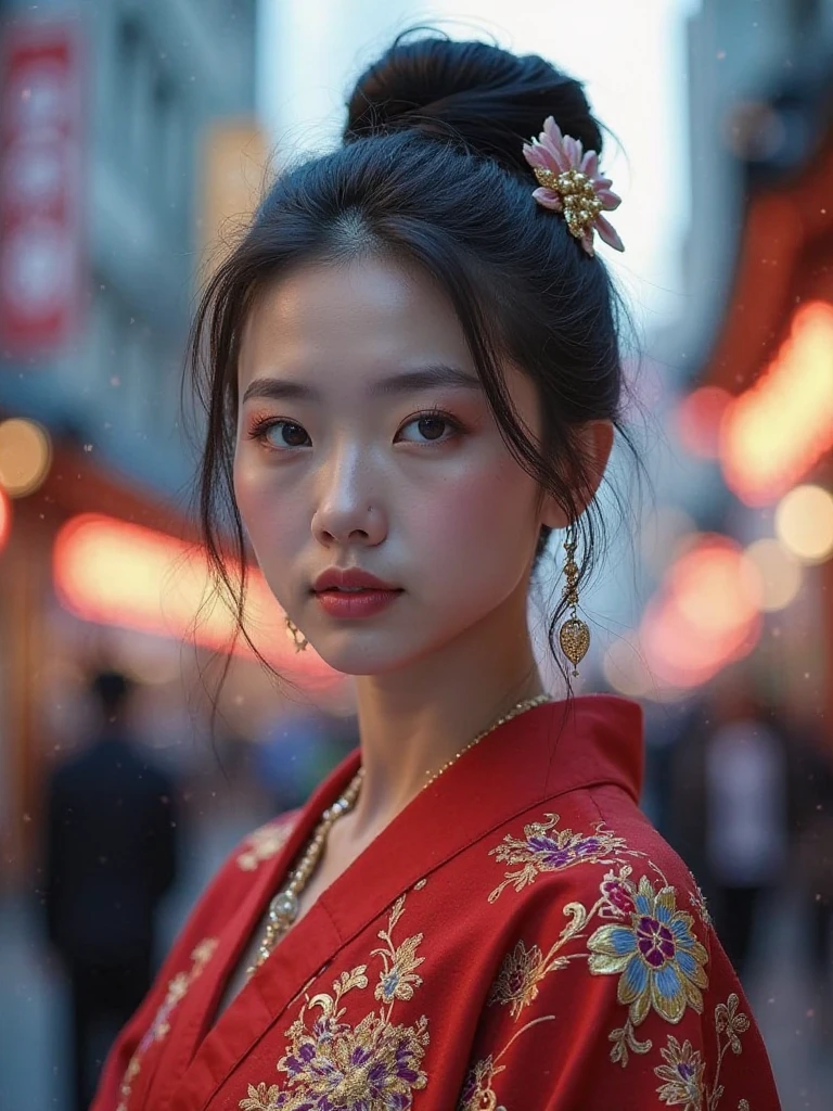 Prompt):
"A stunning portrait of a young East Asian woman styled as a modern-day Japanese princess. She wears an elegant red kimono with gold and floral embroidery, her hair styled in a traditional updo with decorative hairpins. Her eyes are pale lavender, inspired by the Byakugan from Naruto, glowing subtly. She stands in a contemporary urban setting, with blurred skyscrapers and neon lights in the background, blending traditional beauty with a modern city atmosphere."
