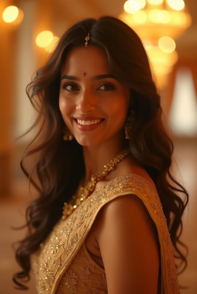 Portrait of A confident-looking indian royal queen with long flowing hair, hazel eyes, laughing, designer jewellery, cleopatra fabric traditional saree from top to bottom, full body covered, standing on rock, hill mahal background, twilight time, camp fire framing, bokeh, perfect composition, hyperrealistic, super detailed, 8k, high quality, trending art, trending on artstation, sharp focus, photo shoot, intricate details, highly detailed, art by greg rutkowski