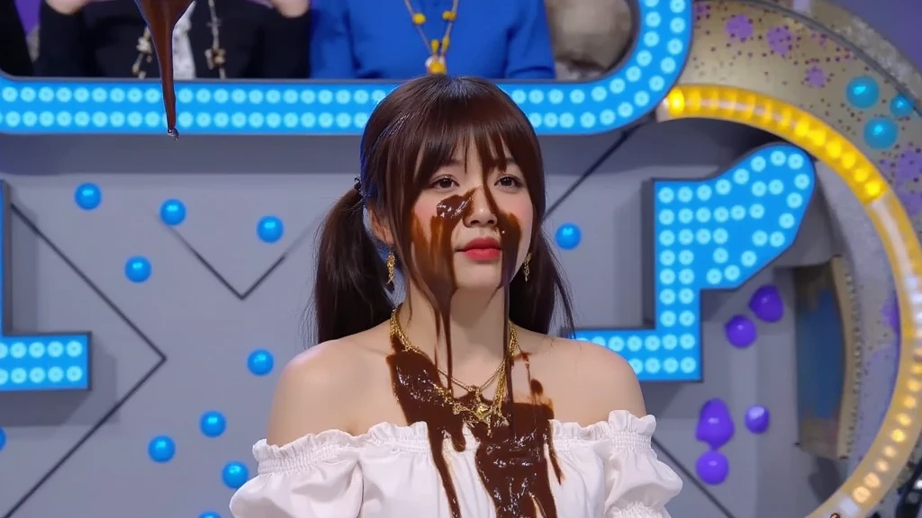 tv gameshow, pie fight!!, thrown pies, (2women, duo), tall, adult, girls covered in chocolate, wet and messy, black clothes