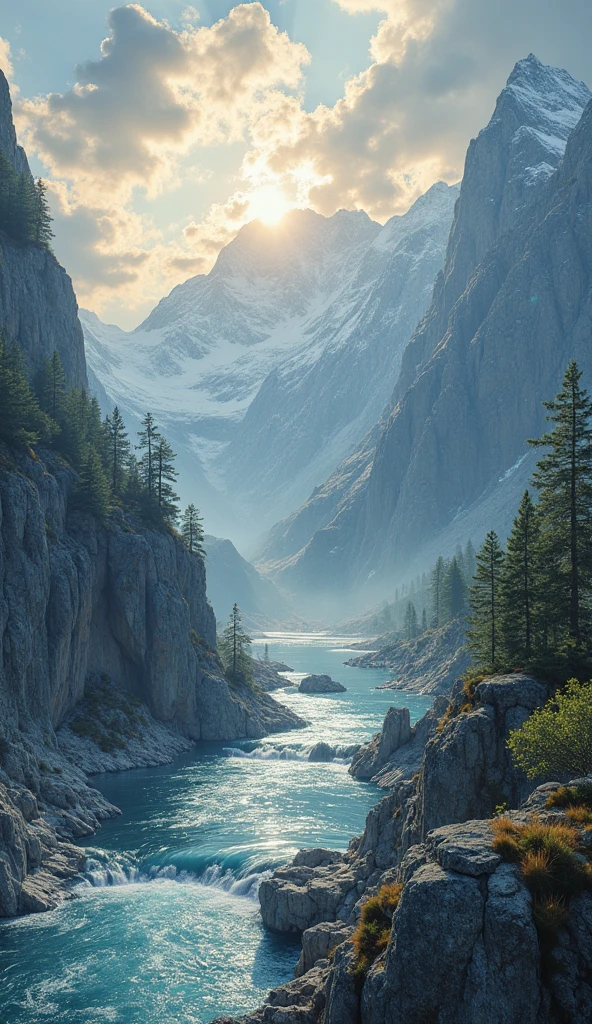 A breathtaking ultra-high-resolution cinematic vertical landscape photo (aspect ratio 9:16) of a majestic and diverse natural scene, captured using a Sony Alpha 1 II with a 24mm f/1.4 G-Master wide-angle lens, full-frame sensor, RAW format. The environment is randomly composed of epic natural elements: icy mountains, snowy cliffs, volcanic craters, desert dunes, glacial lakes, misty forests, jungle valleys, stormy skies, aurora-lit tundra, or cascading waterfalls.
Shot during golden hour, sunrise, or twilight for maximum depth and atmosphere. The image must feature photorealistic clarity at RAW 8K-level or higher, with ultra-sharp texture fidelity, visible surface microstructure, and crisp detail in every pixel — including rock veins, water ripples, snow particles, cloud formations, and light reflections. Dynamic range is wide and balanced: highlights and shadows retain full detail without artificial smoothing.
The composition is vertically immersive and elegant, designed to feel cinematic, with soft haze, occasional fog, sunbeams, subtle light bloom, birds flying in the distance, and realistic environmental motion (snow drift, grass sway, etc.). Color grading is clean and editorial: slightly desaturated mids, deep soft shadows, and natural contrast. No oversharpening, no digital noise. Image must look like a frame from a nature documentary or luxury travel campaign.
(Scenery and conditions change with every generation for infinite diversity.)
