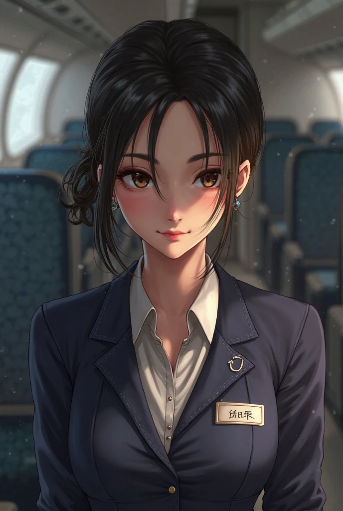 A woman dressed as a brown-eyed, dark-haired flight attendant laughed，But the smile wasn't natural