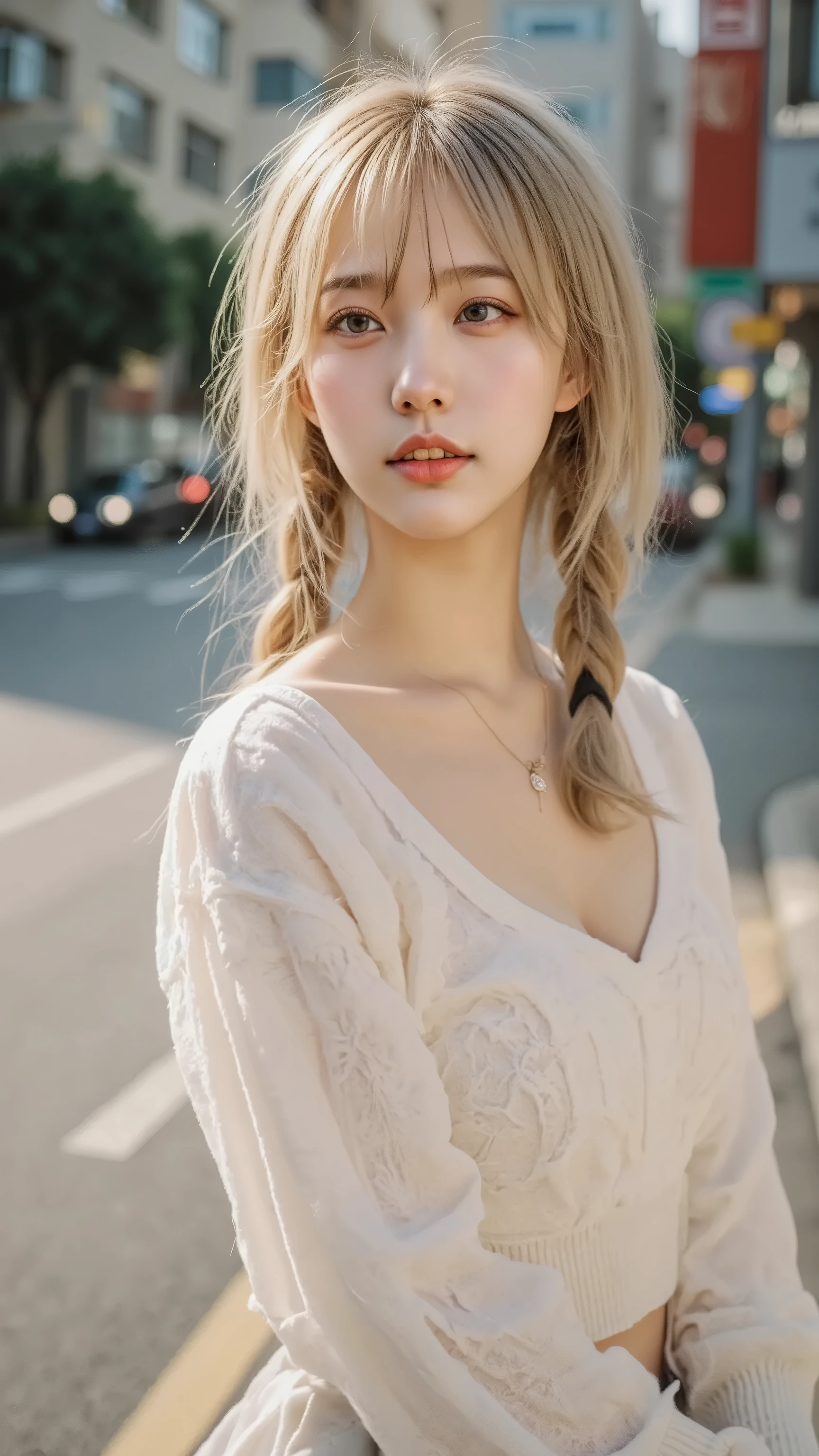 A brightly skinned, big-breasted Korean woman in her 20s, Blonde, Unique hair style, Singing a Song, street, cute outfit, 4k,ultrahd,Superb Details,realistic,expert level,vivid color,Bokeh Effect,Gorgeous Stage Lighting,attractive expression,Active posture,Fresh Atmosphere,Sensual Streetscapes,Trendy Outfits,Attractive Poses
