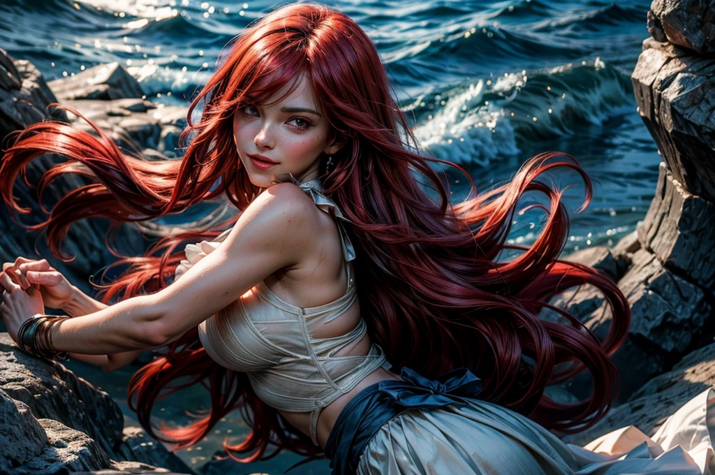 masterpiece, best quality, highres, erza scarlet, fairy tail, 1girl, smiling, long hair , red hair , neck ribbon , ???? shoulders , white shirt , sleeveless , center frills , dark blue skirt , hair over one eye,, dancing on beach, rocky cove, schooner in the bay,  cowboy shot, dynamic pose, looking at viewer, masterpiece,stunning girlfriend, heart shaped face, elegant face, beautiful face, highly detailed face, highly detailed skin, skin pores, subsurface scattering, realistic pupils, looking at viewer, full lips, detailed background, depth of field, atmospheric perspective, volumetric lighting, sharp focus, absurdres, realistic proportions, good ???????, (realistic, hyperrealistic:1.4), 16k hdr,