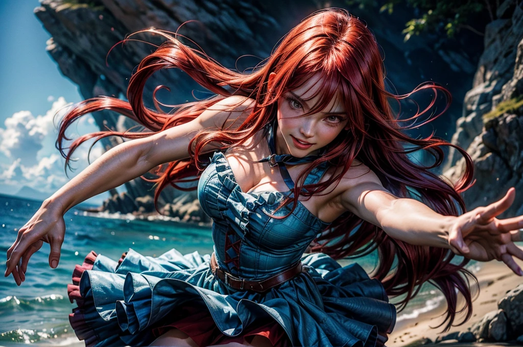masterpiece, best quality, highres, erza scarlet, fairy tail, 1girl, smiling, long hair , red hair , neck ribbon ,  shoulders , white shirt , sleeveless , center frills , dark blue skirt , hair over one eye,, dancing on beach, rocky cove, schooner in the bay,  cowboy shot, dynamic pose, looking at viewer, masterpiece,stunning girlfriend, heart shaped face, elegant face, beautiful face, highly detailed face, highly detailed skin, skin pores, subsurface scattering, realistic pupils, looking at viewer, full lips, detailed background, depth of field, atmospheric perspective, volumetric lighting, sharp focus, absurdres, realistic proportions, good , (realistic, hyperrealistic:1.4), 16k hdr,