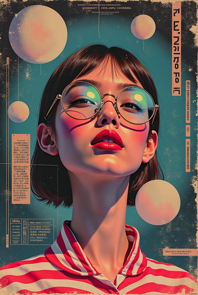 collage art, vintage magazine clippings, Showa Retro Aesthetics,   neon color, Futuristic elements, 1980 SF Vibes,  mixed media texture , rough paper  ,  Glitch Effects, Old Electronics, hologram, pop culture mashup,   surreal composition  , Layered design,avant-garde、thin pattern、Pale white,pops, glasses