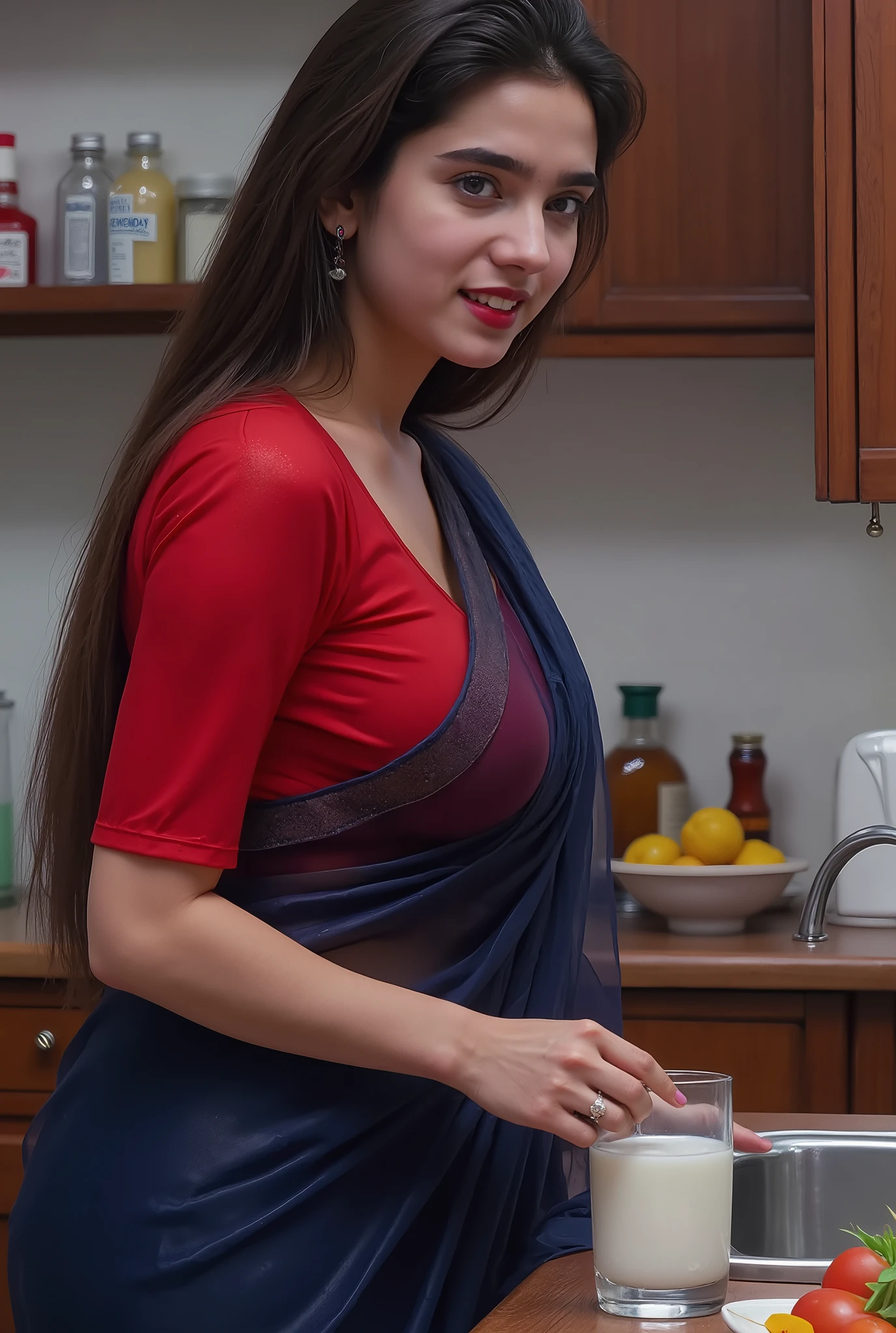 Pretty like princess, indian woman is filling a glass of milk in the kitchen,she is wearing dark blue low cut  transparent saree on a bright red blouse,she is sweating heavily while washing dishes,sweat droplets are visible on her body,red glossy lips, sharp Arabic eye makeup, curvy hips, narrow waistline, tight breasts, tight fit blouse looking towards the camera
