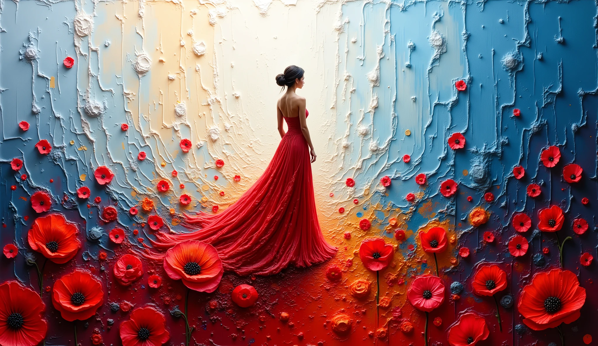 painting of a woman in a flowing red dress, blue and white background with huge poppies at the bottom, Lots of poppies, intricate oil painting artwork, Detailed oil painting in 4K, detailed painting 4K, intricate and intense oil paint, artistic painting, oil painting in modern style, intricate and wet oil paint, intricate oil , Covered in oil paint , detailed and oil painting, extremely detailed oil painting .
Abstract art of a female figure rendered in red, brushstrokes of textured paint, with a dynamic dress that makes the transition from red and gold to blue and silver through poppies embossed all over the skirt. The painting captures the movement of the dress as it flows and merges with the background, creating a sense of movement and fluidity . The silhouette is placed against a textured background with layers, colored poppies in shades of red and gold., ranging from gray to blue. The composition evokes a sense of mystery and transformation, with the play of light and shadow enhancing the three-dimensional effects of the paint