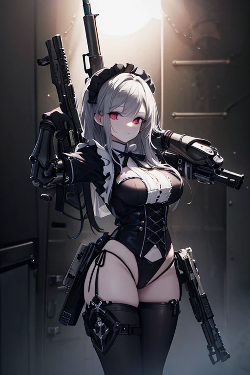 ((Highest quality)), (masterpiece)), (detailed: 1.4), Disorganized solutions、High resolution、(masterpiece:1.4)、Super detailed、Beautiful girl、Highest quality、masterpiece、Very detailed、(1 person):1.4、(Black latex swimsuit)、、Twin tails、Short Twin tails、choker、:1.1,(Shiny latex)、elbow full gloves,thighhigh boots,Dim landscape,Dark aura,ruins,skull,Bloodbath,evil grin,evil smile,