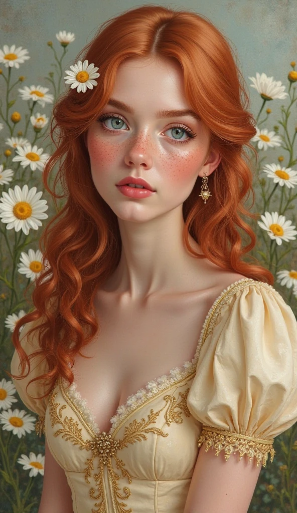 A realistic portrait of a 25 years old woman, with red hair in soft waves, light blue eyes, adorned with freckles, wearing a princess cream coloured dress with a honey coloured bodice with golden embroderies, a small golden daisy clip in the hair, a daisies vintage garden in background, large sweet eyes, parted lips, minute pale red nose, 
