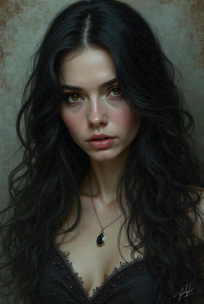 Create a black haired woman, cool, mysterious black eyes
