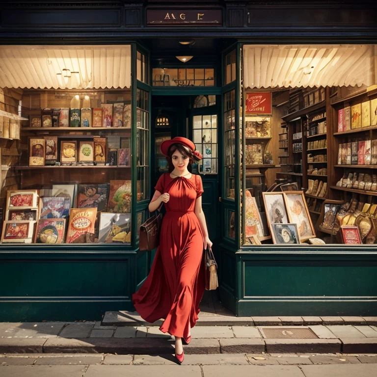 A beautiful girl is walking the streets of very old London, Carriages take to the streets, the girl is wearing a long red dress and a red hat, She's looking at a window in an old store, Where is there a beautiful pink dress, The window and the girl are being illuminated by the sound of autumn, The image is vintage and shows the beauty of the place,  with lots of details.Make beautiful art Mix vintage advertisements and surreal cutouts
