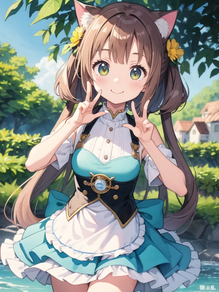 nsfw,idolmaster, Chieri Ogata,One Girl,Brown-haired twin tails,small tits,brown-eyed,four leaf clovers, Beautiful breasts,Idol costumes,Smile with open mouth,,Top image quality,Best Quality